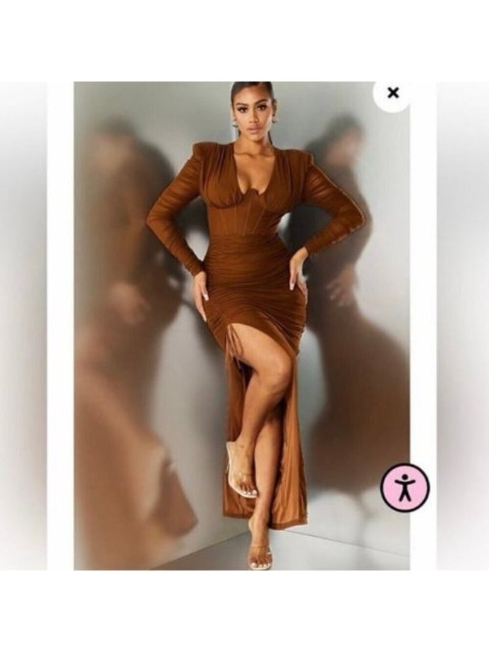 PrettyLittleThing Chocolate Ruched Mesh Underwire Maxi Dress Size 4